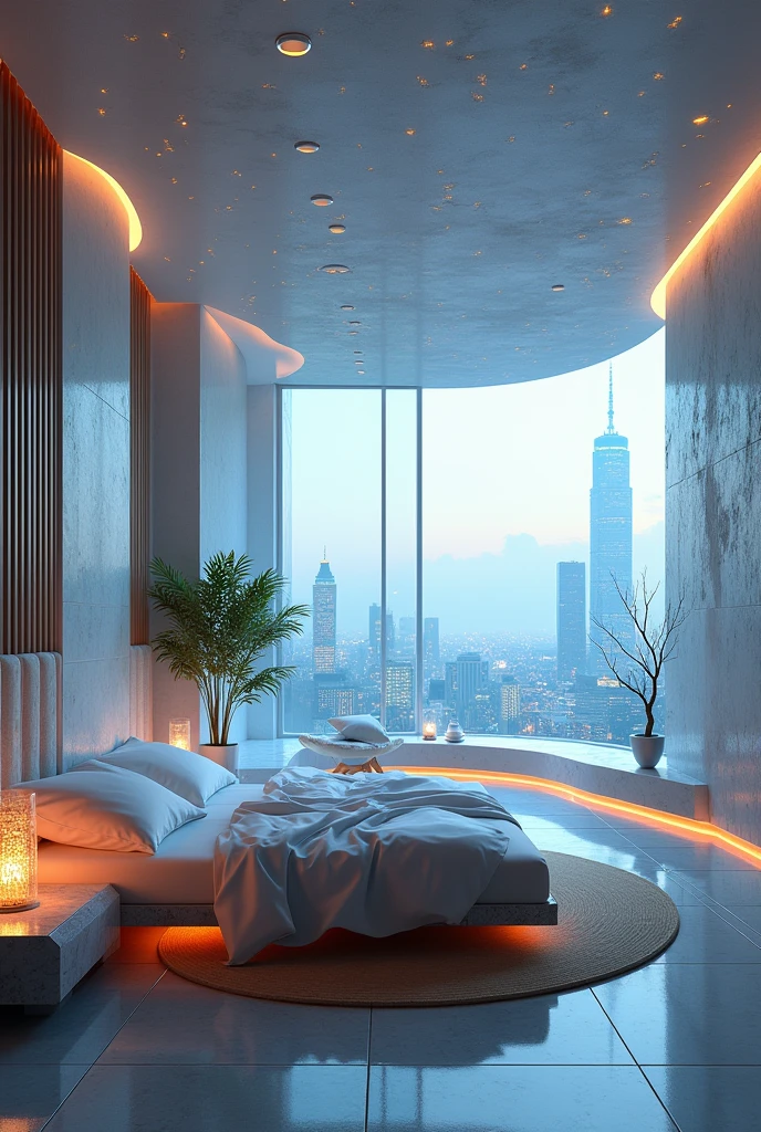Imagine an amazing futuristic room with an almost realistic bed. Imagine what it would be like. Make it the unique bedroom. Create the image.