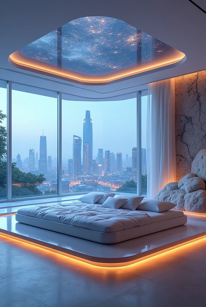 Imagine an amazing futuristic room with an almost realistic bed. Imagine what it would be like. Make it the unique bedroom. Create the image.