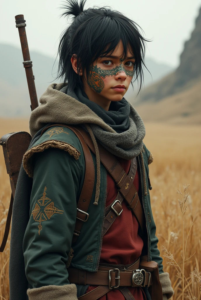 An 1 ager, naughty man, medium black hair, eyes browns, medieval wanderer's clothing, an african mask, with Nordic face paint