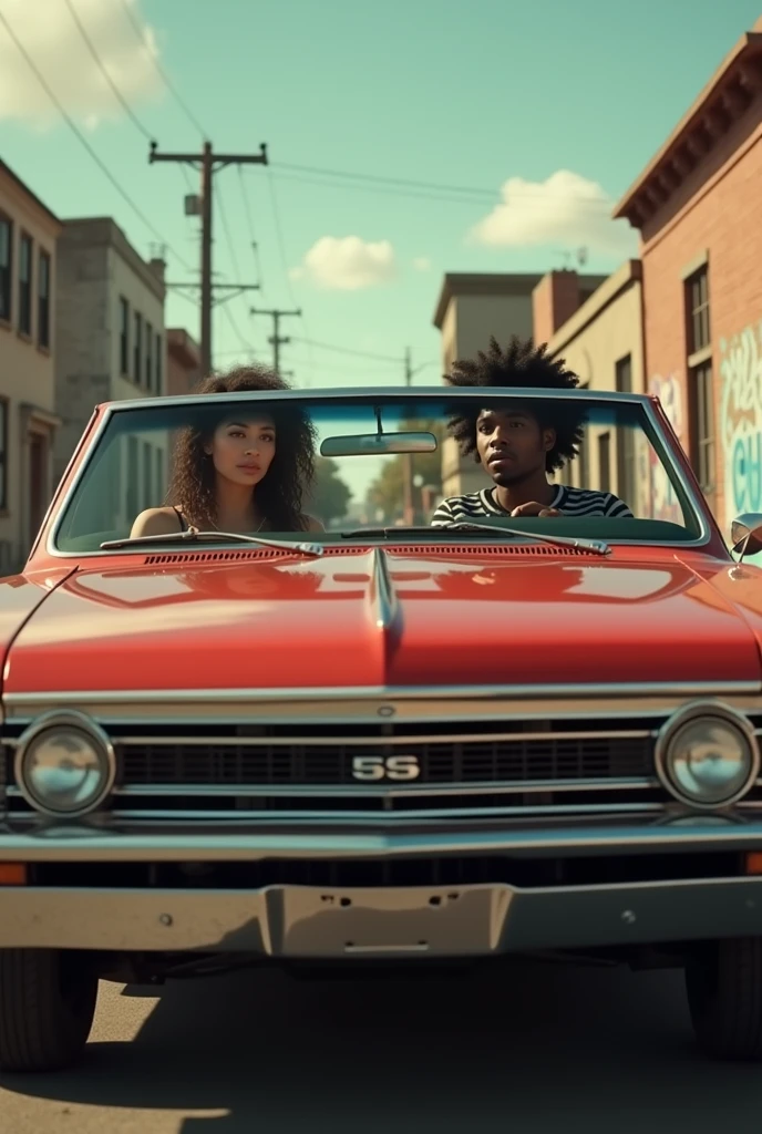 Maxine Caulfield (Life Is Strange) Driving a 1967 Chevrolet El Camino alongside Kendrick Lamar in a Compton neighborhood, Both pose in an imposing manner, aesthetic 