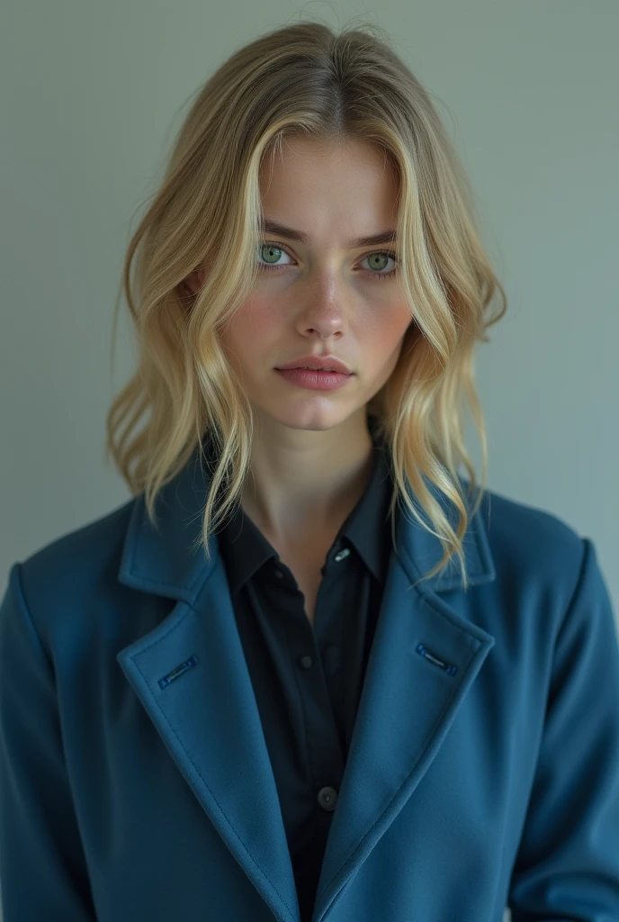 A blonde woman with green eyes and straight hair with a sad expression wearing a blue coat