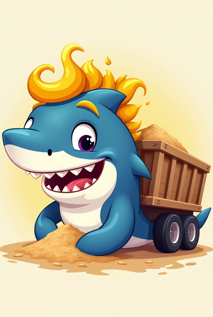 an animated shark in blue and white colors with curly corn-yellow hair near a truck carrying sand for a logo