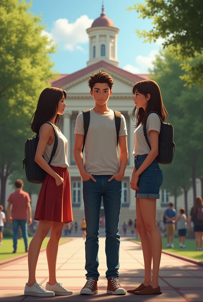 A boy with his girlfriend standing between the college campus, and one more girl the boy likes