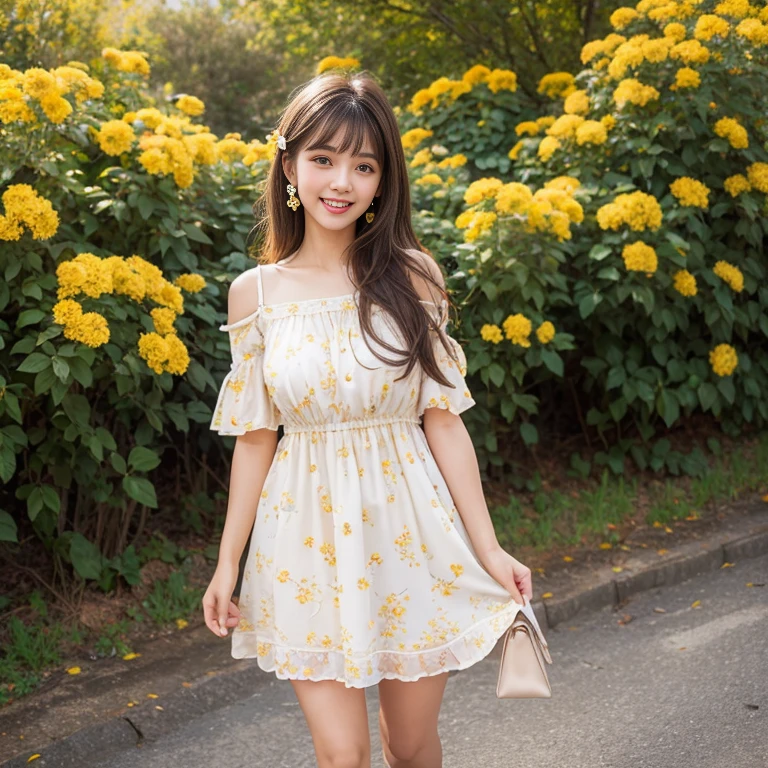 laughing out loud,travel scenery photos,Wear a cute dress,dress with yellow flowers,1 female, On the face, light brown hair, blunt bangs, hair behind ears, Shoulder-length hair, long hair, Slender body type, 超face slimming型, face slimming, delicate lips, beautiful eyes, Thin blush, Eyes are light brown,View here, (actual:1.3), One person's perspective, 8k, Super detailed, high quality, best quality, High resolution,2,above knee shot,Breast protrusion