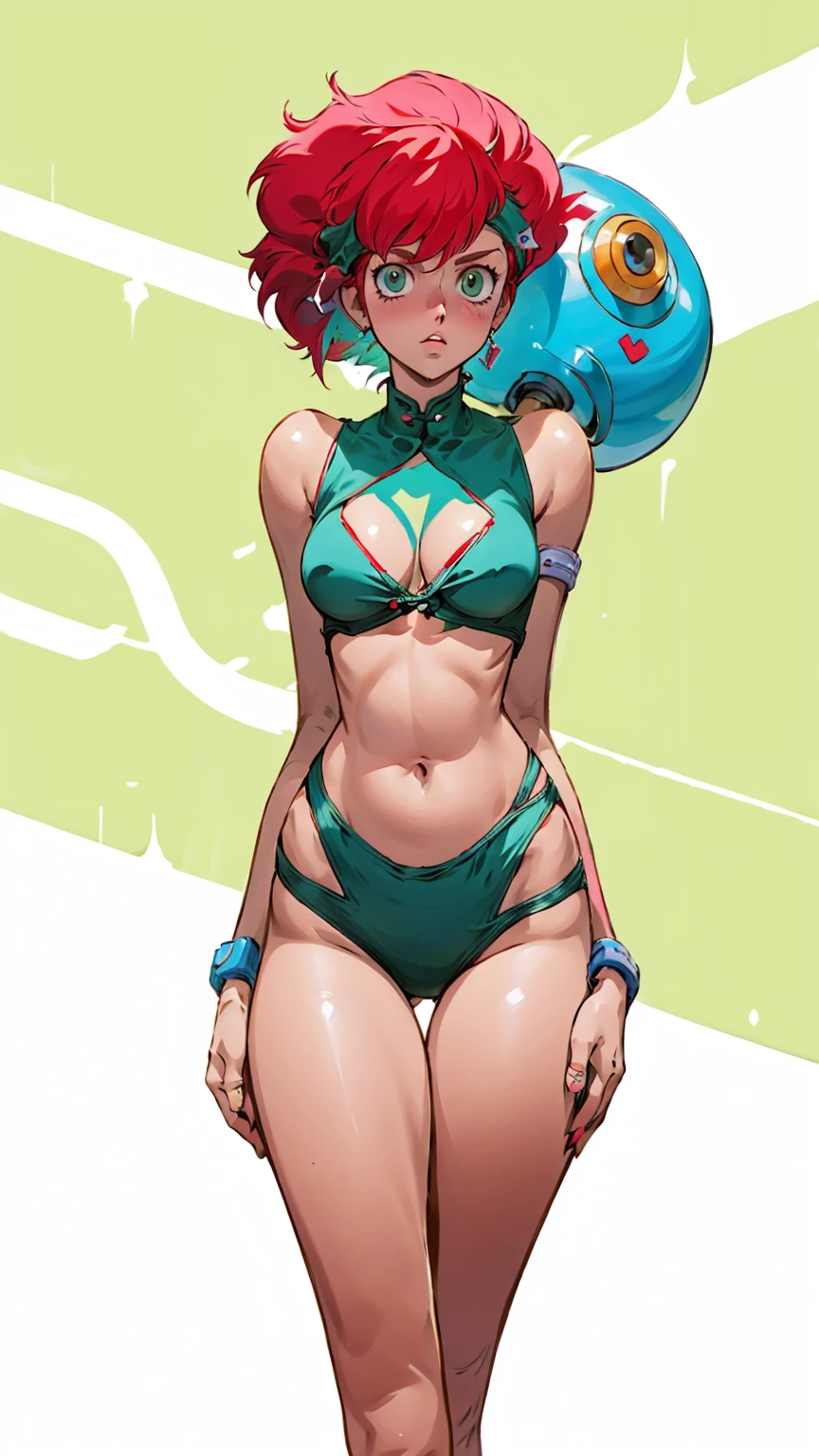 ((masterpiece, Highest quality; 1.3)), Great quality, Beautiful details, Very detailed, Ultra-fine, 16K, Exquisite, Absurd, High resolution, Beautiful background, Detailed Background, Beautiful Eyes, Beautiful Skin, Anime Style, Kei from Dirty Pair is wearing white clothes, Tight clothing, Cleavage, Bushy red-haired beauty, Very bright blue uniform, Wear tight clothes, Skimpy, (Center of chest: 1.2), Cleavage, Cleavage, Narrow waist , Narrow waist, Thin thighs, Thin legs, Slim legs. Thigh Gap, Show your belly, skinny, Small waist, Cyberpunk City Background, Holding a retro space gun , head band,