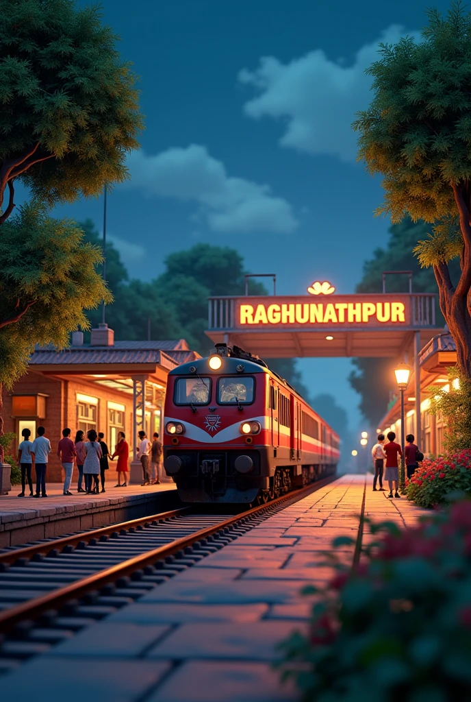 "Create a cinematic 3D Cartoon style "Create a railway station in 3D style, its name is Raghunathpur, there are flowers, trees and plants all around, the train is coming, passengers are waiting for the train and it is night time, there are lights too. station Name Raghunathpur showing on board.