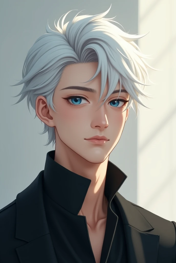 Make A Boy Around 20 He has perfect jawline he has White Skin Also he Have white hair he have no beared he Have Blue blue eyes We is Kind in Nature Abd he Is Strong He is japness He have black clothes Moree