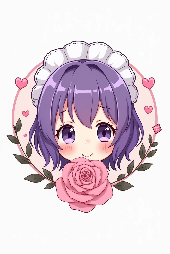 Create an isologo where the face of a purple-haired maid in Japanese Kawai anime style is the name of the company is the Rose