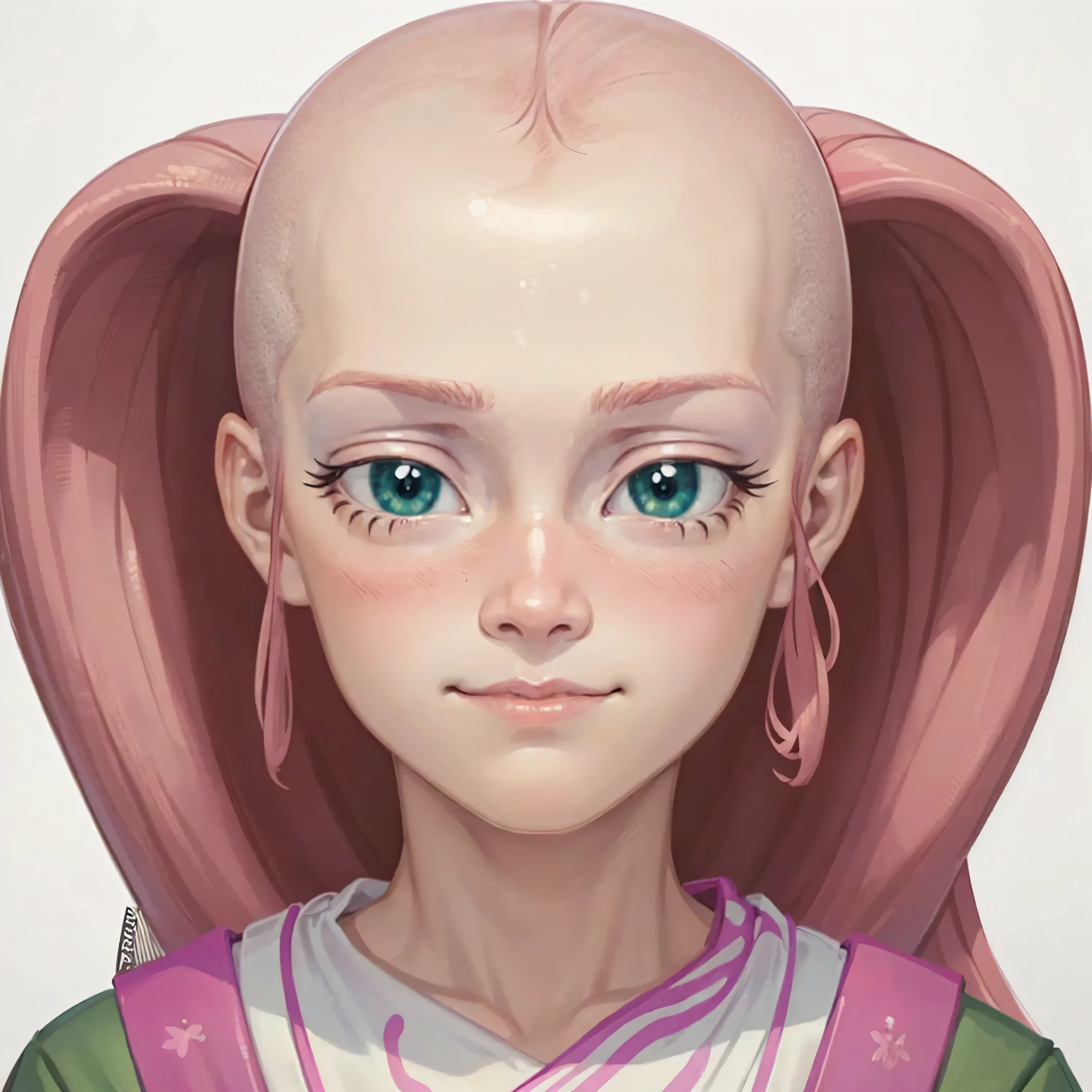 professional, masterpiece, 8k, hyperrealistic portrait of a 16yo cute ginger girl, long hair, pink hair, (looking shy:1.3), closeup, detailed face, happy face ,detailed skin, photography, hq, photorealistic,bald head,green eyes,(((white background))),((calm happy sexy face)))