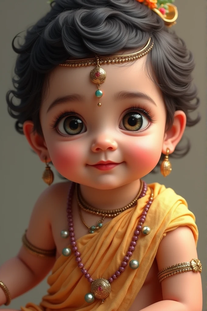 Imagine baby Krishna with a glowing, bluish-black complexion, his eyes full of love and mischief. He’s smiling gently, with a tiny nose and soft cheeks adding to his charm. He’s dressed in a yellow dhoti, with a small peacock feather in his hair, and the background is filled with soft, golden light."