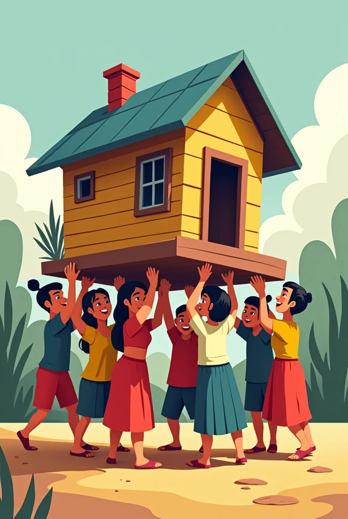 1. **Theme**: Depict the traditional Filipino value of community and cooperation, known as "Bayanihan," where neighbors help each other, often illustrated by a group carrying a house together.
2. **Elements**:
- **Line**: Use lines to create movement in your drawing, showing the dynamic action of people working together.
- **Color**: Incorporate vibrant colors that represent the Filipino culture, such as the colors of the Philippine flag (blue, red, yellow) and other bright hues found in traditional clothing.
- **Shape**: Utilize various shapes to represent the figures of the people, the house, and the environment.
3. **Principles**:
- **Balance**: Achieve balance by evenly distributing the figures and elements in the artwork, creating a harmonious composition.
- **Contrast**: Use contrast between the bright colors of the clothing and the more subdued colors of the environment to draw attention to the figures and emphasize the action.
Make it like animated people and simple