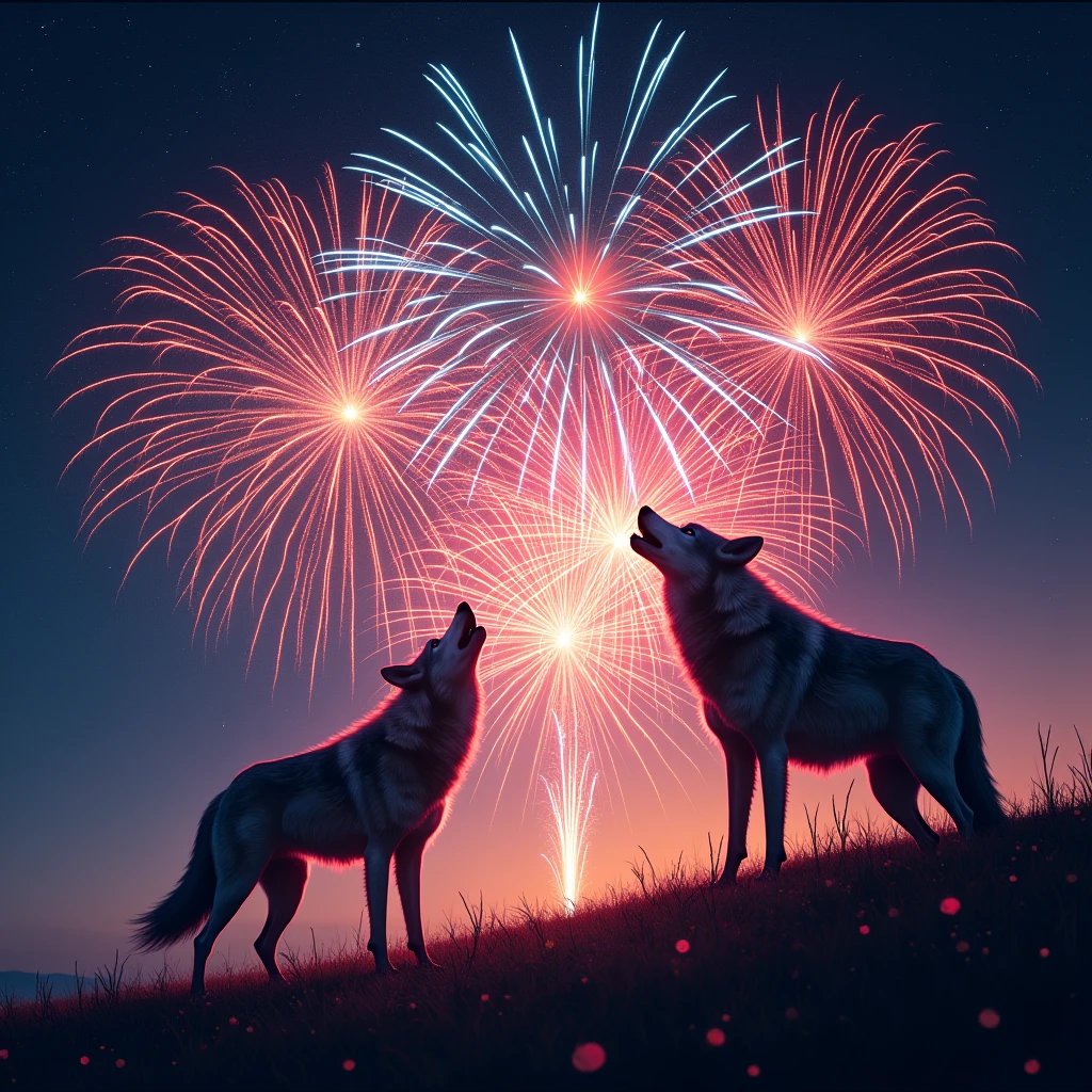 In the vast night sky,(Amazing fireworks:1.3)It's full of colorful lights,Blooms in an instant(beautiful photo:1.2)。people々Your eyes will be captivated by this wonderful sight.,Wolf、bark