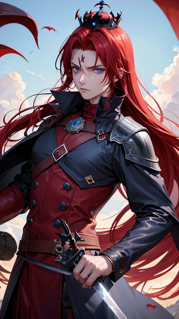 demon boy, with blue eyes, red hair color, Her skin is like volcanic magman, wearing a long trench coat and a mail breastplate, On his back he carries a sword, Their giants have iron beaks, and on his head a crown that worthy of being the supreme king