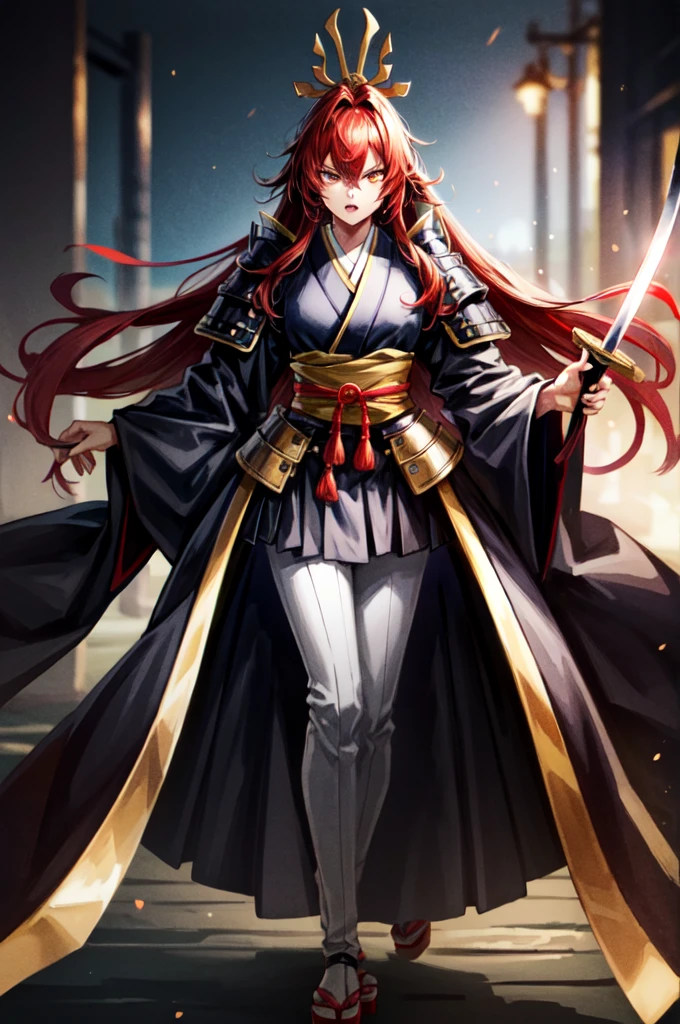 wearing armor One woman, wearing black kimono, Long Hair, red hair, golden Eyes, snake pupils, Light makeup, intense anger, tite waist, holding sharp sword, full body, big hair, hair over eye, anime, cinematic lighting, cowboy shot, UHD, retina, masterpiece, accurate, anatomically correct, textured skin, super detail, high details, high quality, award winning, best quality, highres, 8k