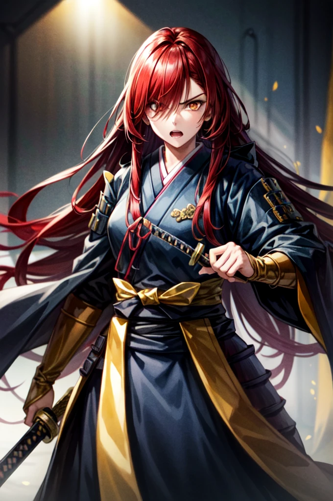 wearing armor One woman, wearing black kimono, Long Hair, red hair, golden Eyes, snake pupils, Light makeup, intense anger, tite waist, holding sharp sword, full body, big hair, hair over eye, anime, cinematic lighting, cowboy shot, UHD, retina, masterpiece, accurate, anatomically correct, textured skin, super detail, high details, high quality, award winning, best quality, highres, 8k