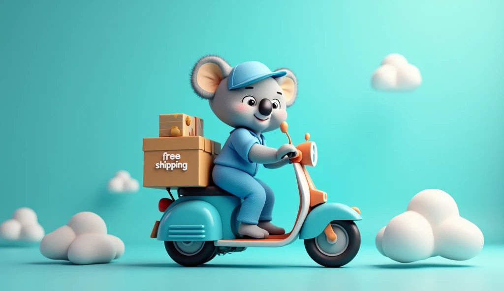 In the middle of the scene, place a delivery motorbike with a 3D koala on top in a blue uniform and write “Free Shipping” on top.. In the background of the image use the color turquoise blue
