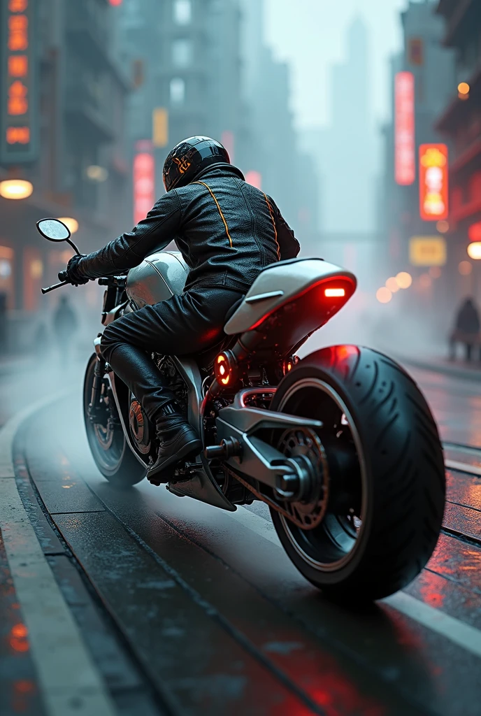 detailed cyberpunk motorcycle, futuristic motorcycle, riding on the road, motorcycle from behind, 1 person on a motorcycle, intricate details, High resolution, 8k, Photorealistic, hyper detailed, cinematic lighting, Dynamic motion blur, gritty urban environment, Neon lights, glowing cybernetic elements, chrome details, worn texture, mecha inspired design, complex machinery, industrial urban landscape, Changing the color palette, (Best Quality,4k,8k,High resolution,masterpiece:1.2),ultra detailed,sharp focus,(realist,photorealist,fotorrealista:1.37), Extremely fine,intricate details,intense lighting,dramatic lighting,lighting change,cinematic lighting,chiaroscuro lighting,dramatic shadows,dramatic moments,vivid colors,intense colours,Deep contrast,cinematic depth of field,cinematographic composition,cinematic camera angle