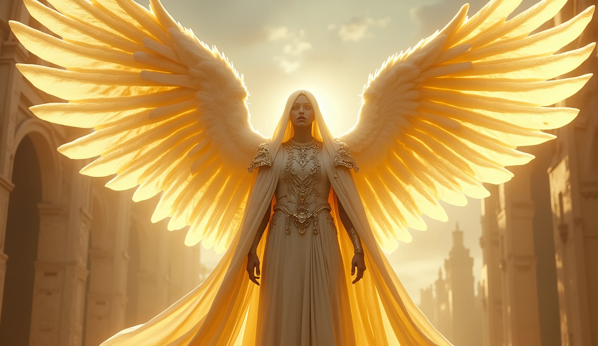 Vatican City as a catholic League of Legend luminous archangel creature in light yellow and white colors. Intricated clothing. Cinematic Fantasy sci-fi landscape background