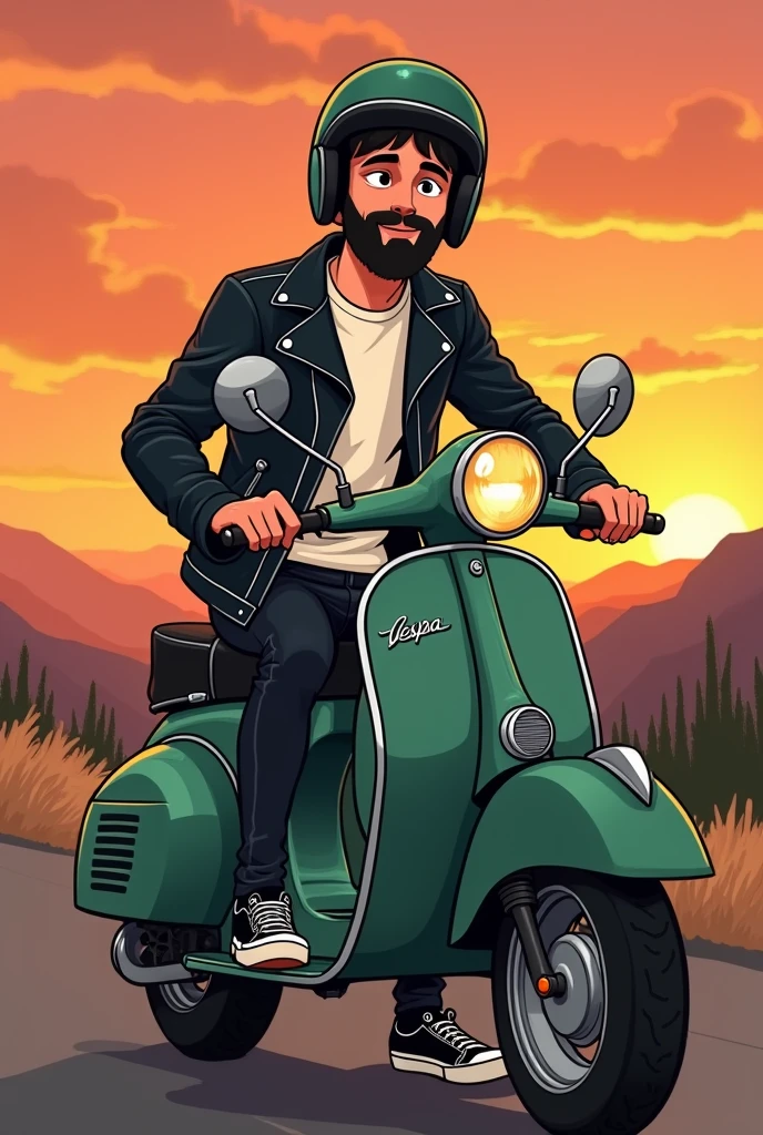 Image of a cartoon-type boy on a classic dark green matte Vespa motorbike, the boy has a full black beard , thin eyebrows, black eyes, short black hair short straight, square face, the photo in a background landscape with a sunset, Biker photo type the guy with a leather jacket and a white t-shirt inside, The black leather jacket half open revealing the t-shirt, black jeans and vans style shoes , the thin boy. He has black rings on both ring fingers of his hands.. With a vintage helmet of the same color as the motorcycle