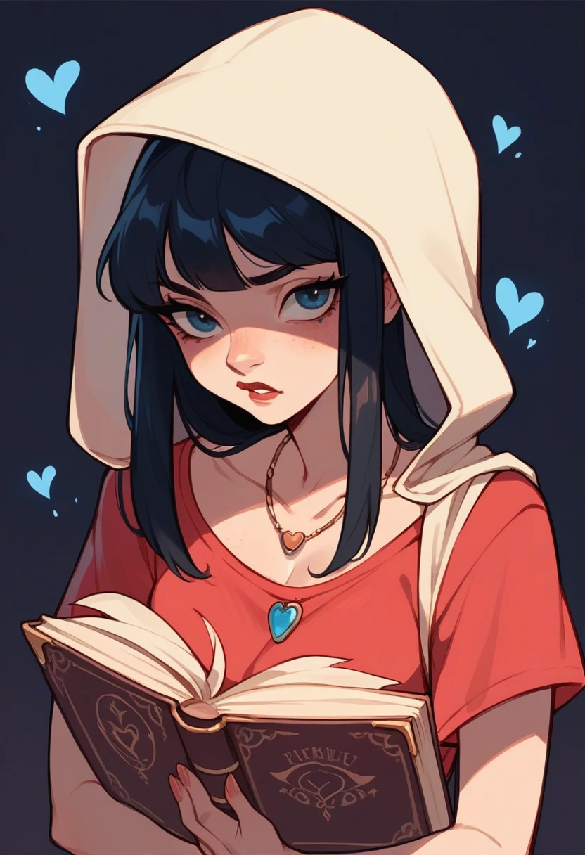 Disney image of a black haired girl, straight , long, Book hairstyle with ruffles wearing a long-sleeved red t-shirt with a small strawberry in the middle, a hood on, and a necklace with a blue heart on a dark background