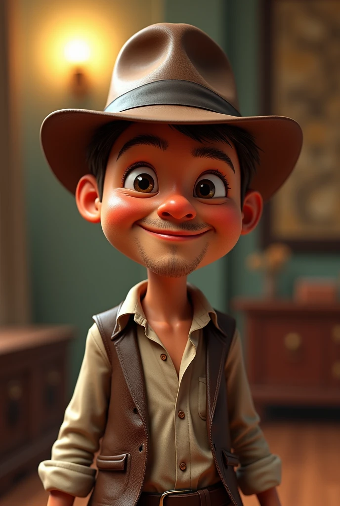 indiana jones portrait, suite, medium shot, digital model, playful character design style, hard surface modeling, tiago hoisel, with hat, round face, looking sideways, cheerful, cartoon characters, delicate materials, bright colors