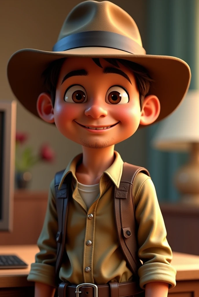 indiana jones portrait, suite, medium shot, digital model, playful character design style, hard surface modeling, tiago hoisel, with hat, round face, looking sideways, cheerful, cartoon characters, delicate materials, bright colors