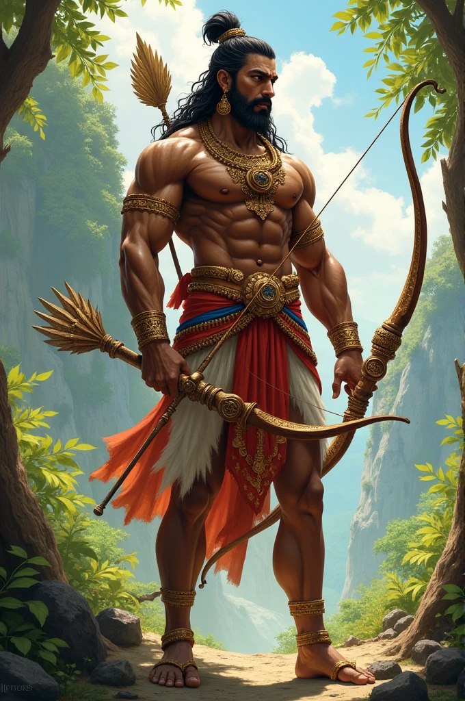A mythologies character king ekalavya standing with bow and arrow with fit body