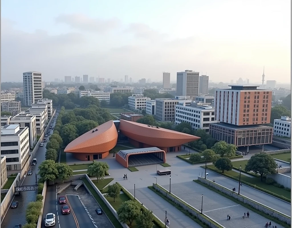 Futuristic design of museum, brick color, in a small town, cloudy weather, super realistic photo, high resolution