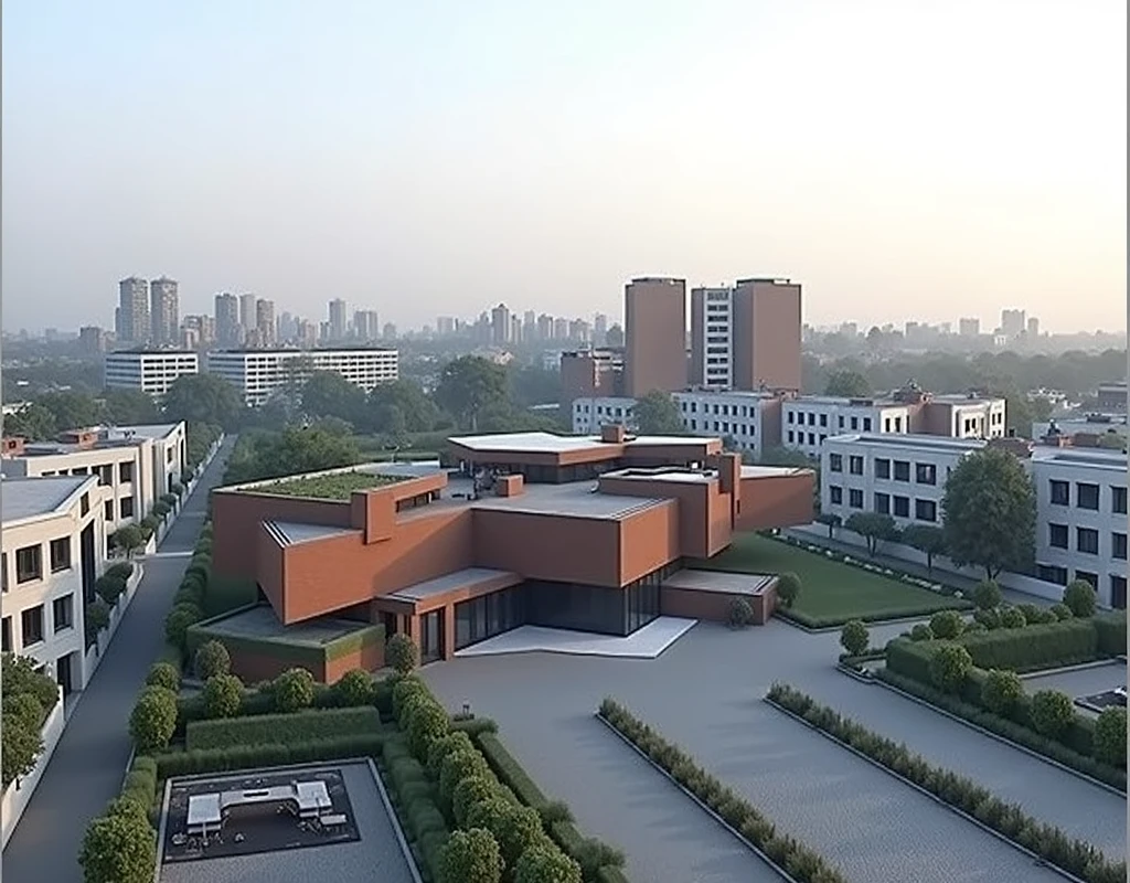 Futuristic design of museum, brick color, in a small town, cloudy weather, super realistic photo, high resolution