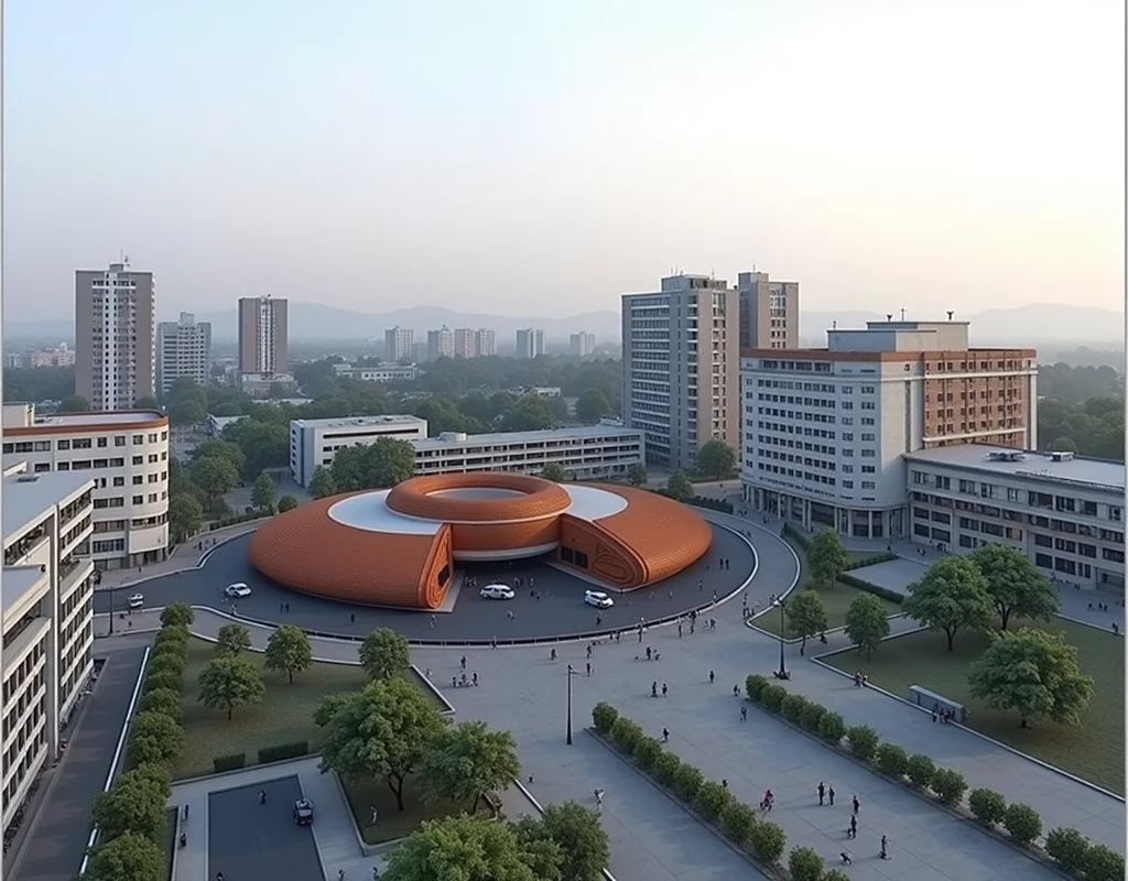 Futuristic design of museum, brick color, in a small town, cloudy weather, super realistic photo, high resolution
