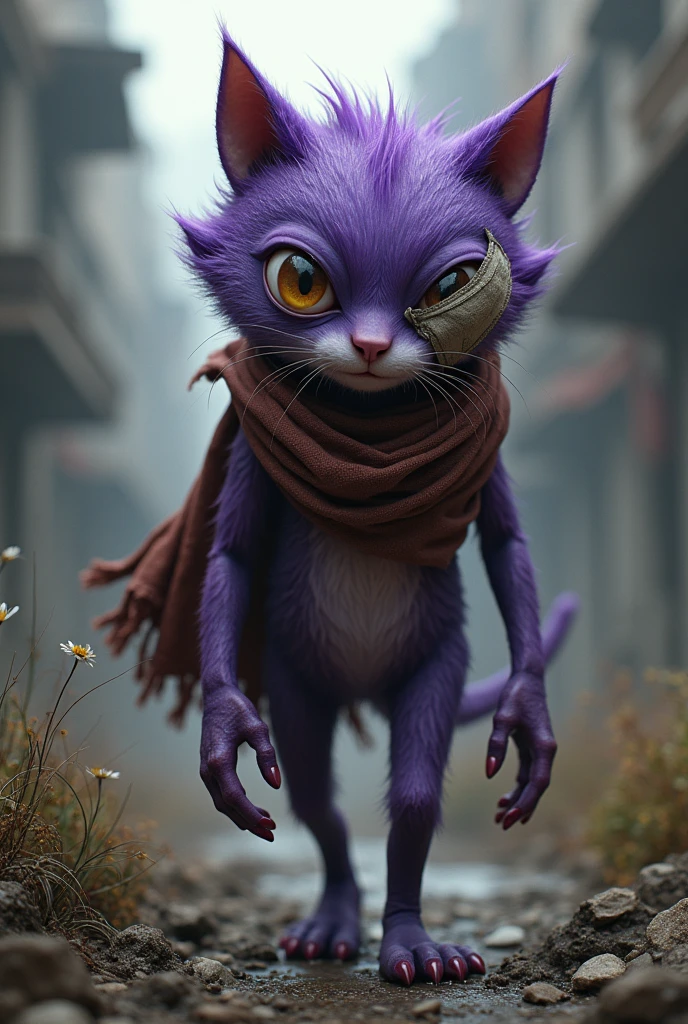 A 3 purple furry bitch.000 years for her 3 with one eye bandaged with an old and worn cloth in a post-apocalyptic world like THE WALKING DEAD looking for her 1 cat son.000 years for the 18th year