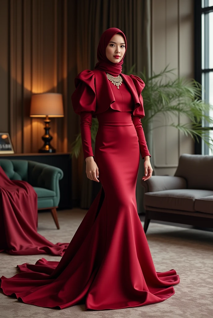Hijabi women wear glamour satin silk long train evening mermaid dress with peplum bolero with puff sleeves, dress have a very long train about 7 meter long, model height is 165 cm, wear jewellery, sexy pose in office room