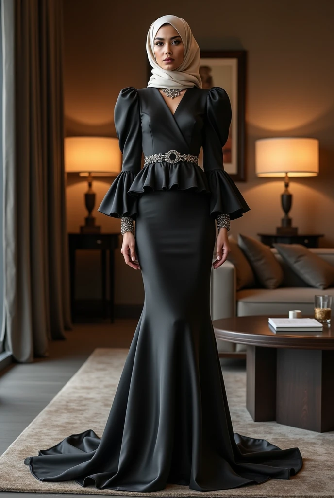 Hijabi women wear two-piece office dress set, pencil skirt with long train, wear peplum blazer with puff sleeves, skirt have a very long train about 7 meter long, wear jewellery, sexy pose in office room