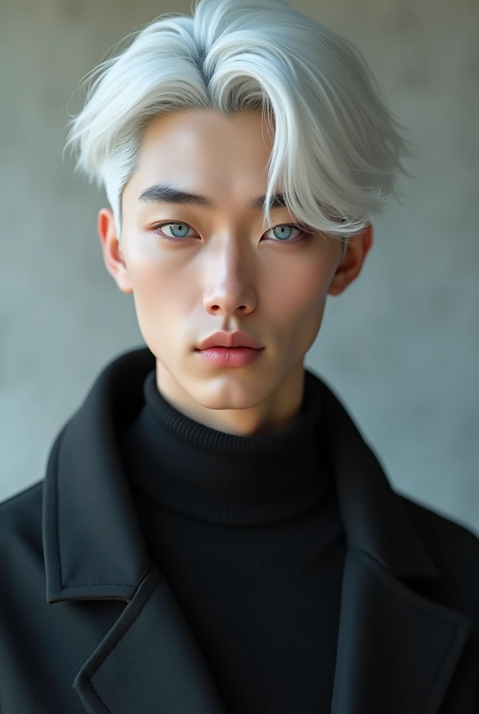 Make A Boy Around 20 He has perfect jawline he has White Skin Also he Have white hair he have no beared he Have Blue blue eyes We is Kind in Nature Abd he Is Strong He is japness He have black clothes Moree Make is Clothes better 
