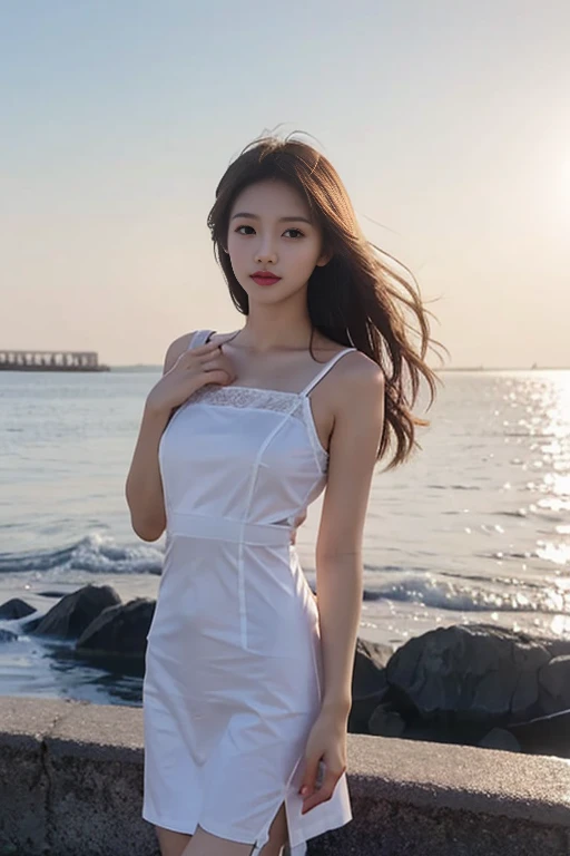 1 Girl,seaside,Soft Light,Chinese Beauty,Suspender dress