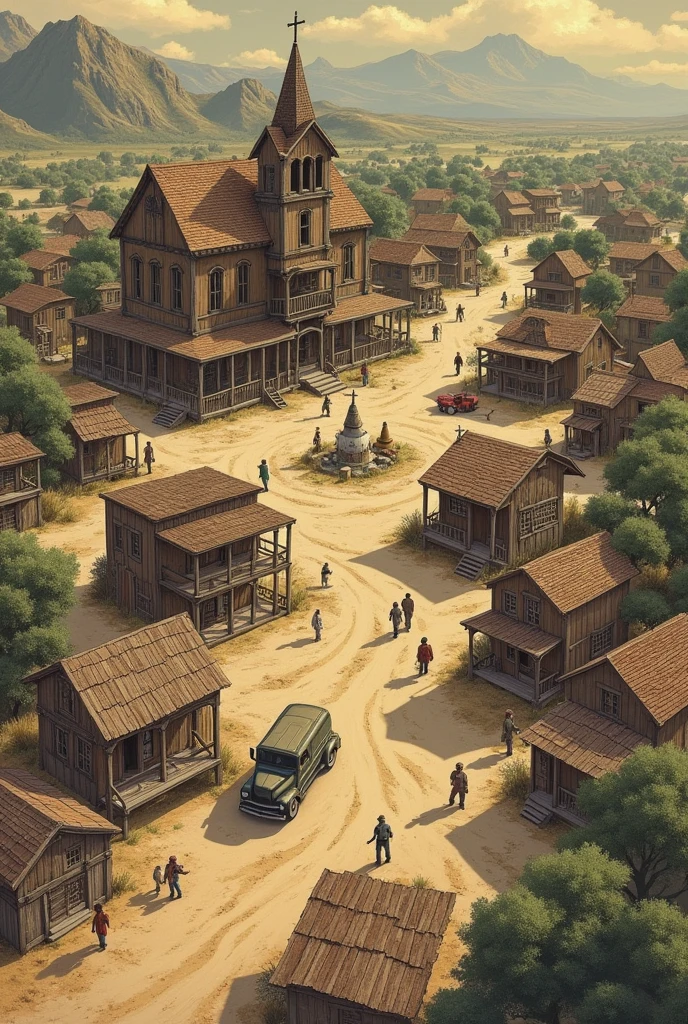 Prompt:

A detailed hand-drawn style map of the town of Craw Valley. Craw vally is a Huge towm with a lot of houses and buildings The town should include the following key locations:

1. **Town Church**: Located in the center of the town, an old building under construction.
2. **Sinner Man's Mansion**: Positioned on top of a mountain, overlooking the town, large and imposing.
3. **Tavern**: Near the center, a place where townsfolk gather, owned by Maria's father.
4. **Farms**: Scattered around the outskirts of the town, representing the hard work of the inhabitants.
5. **Houses**: Humble and worn, spread throughout the town.
6. **Town Bank**: A small but important building near the center.
7. **Medical Office**: Centrally located, modest and essential for the town's health.
8. **Bars**: Several bars scattered around the town, places for socializing.
9. **Market**: In a central plaza, where vendors sell their goods.
10. **Sheriff's Office**: A small building near the center, symbolizing law and order.
11. **Dusty Streets**: Reflecting the desolation and abandonment of the town.
12. **River and Old Bridge**: Important for the story, located on the outskirts.
13. **Central Plaza**: A gathering place for the community, where activities take place.

The overall atmosphere should be somber and tense, with buildings showing signs of age and poverty. The town should feel large and sprawling, with a sense of struggle and resilience among its inhabitants.

