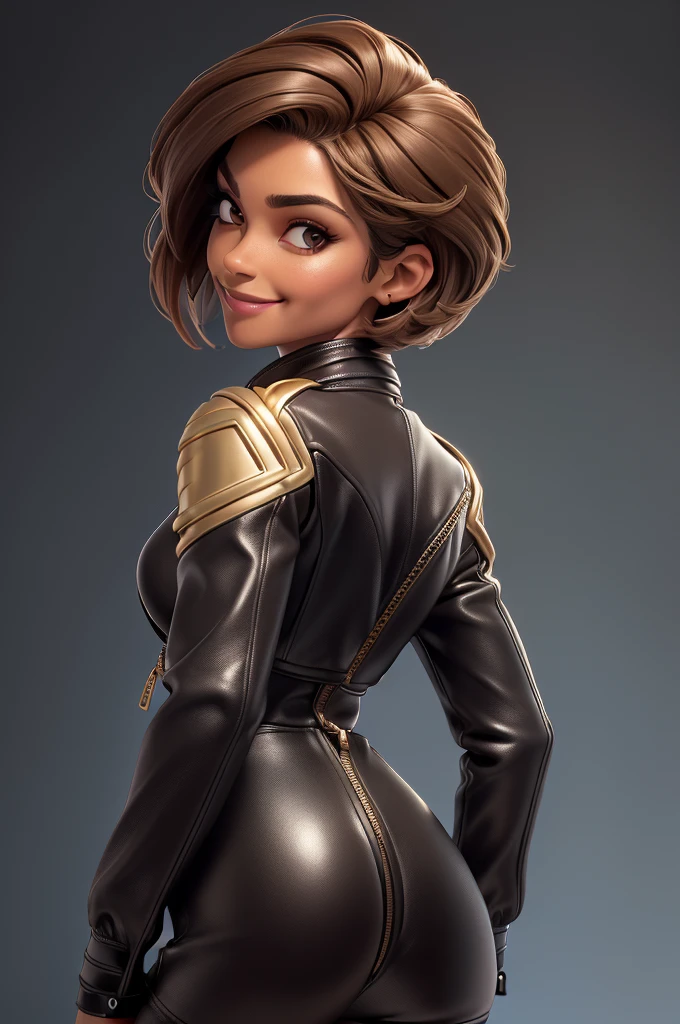 obra prima, melhor qualidade, ((only one woman,)) ((julie warner, dark tan skin, short brown bob hair, heavy makeup eye shadow, sweet smile,)) (((wearing thigh length black metallic leather jacket,))) (((jacket is zipped up, jacket covers waist and ass,))) ((jacket has stiff high collar,)) ((gold pvc gloves,)) body is very skinny, standing up, (((arched back, shoulders leaning way back, hips twisting, head tilted way back, chin up,))) ((camera back view, extreme closeup view of upper body,)) shallow depth of field, highres, HD, 8k, anatomically correct