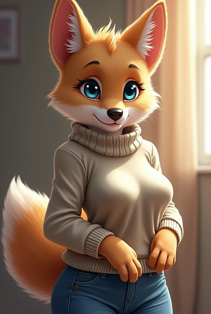 digital_media_(artwork) hi_res, score_9, score_8_up, score_7_up, score_6_up, source_furry, rating_safe, anthro, furry, female, furry female, detailed textured fur, fur tufts, french bulldog, blonde brown fur, spots, beautiful blue eyes, medium breasts, covered breasts, slim, slender, turtleneck sweater, denim jeans, smile, SFW,