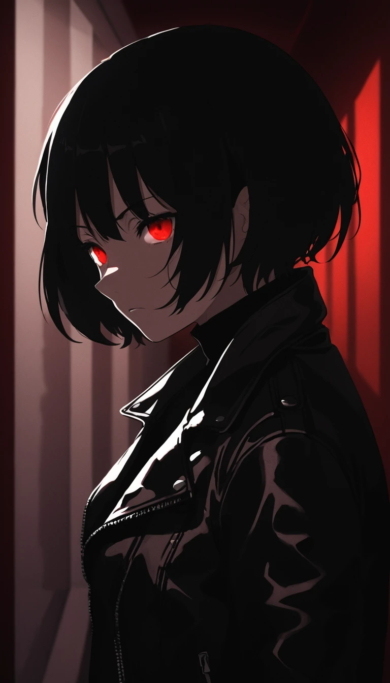 Anime girl with (short black hair:1.1), black turtleneck long sleeve, black format pants, leather jacket with zipper, (silhouetted against a red, window-lit hallway:1.3), mysterious aura, dramatic shading, high contrast, intense and somber mood, (text overlay: ".is you.":1.1), close up shot on person, psychological thriller vibe, bulging eyes, serious face, traumatized, woman with blood on her face, blood stains in clothes, she looking a mirror, (shadowed face with a hint of light on eyes:1.2), dark, suspenseful atmosphere. interrogation room,