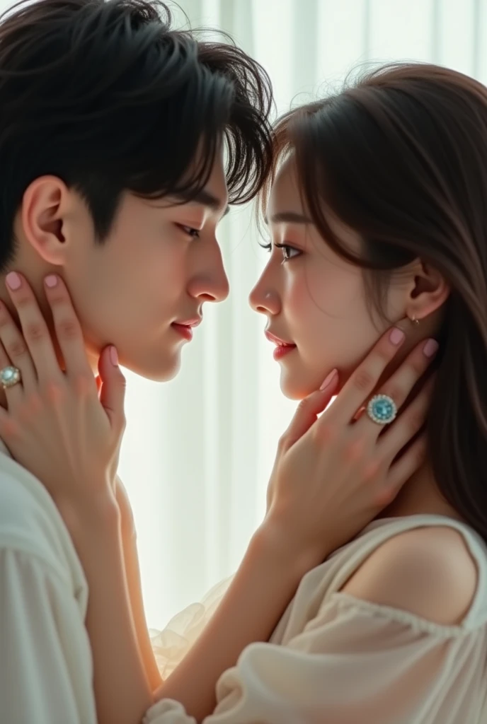 Beautiful Korean Women、Beautiful male and female couple、Facing each other,Long and beautiful upper eyelashes、Beautiful lower eyelashes、Beautiful Hair、Beautiful Hands、Put your hands on your face,Fine skin,Beautiful Skin