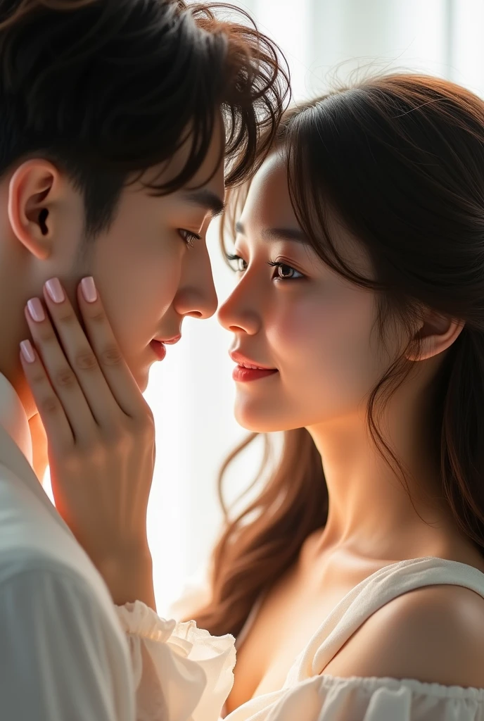 Beautiful Korean Women、Beautiful male and female couple、Facing each other,Long and beautiful upper eyelashes、Beautiful lower eyelashes、Beautiful Hair、Beautiful Hands、Put your hands on your face,Fine skin,Beautiful Skin