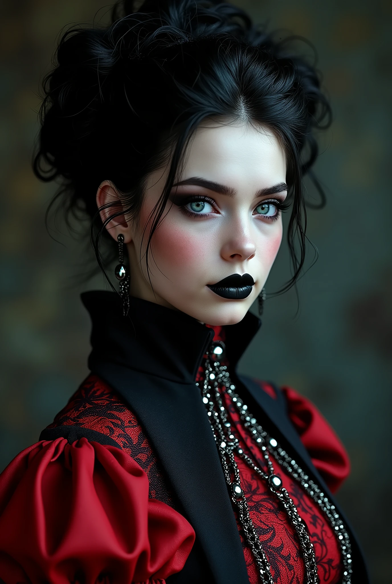 (masterpiece, photorealistic:1.4, extremely intricate:1.3), (photon mapping, radiosity, physically based rendering, ultra resolution, hyper-realistic, 8K), black hair updo goth girl, blackout eyeshadow, 19 teenage supermodel, high collar renaissance red lace dress, black lips, black collar, chains, bright blue eyes