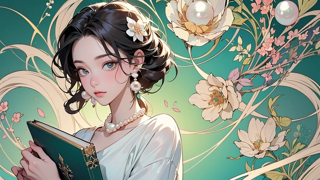 32K, 最高quality, 最高masterpiece, (ultra-Detailed Background, Detailed Background), High resolution, Super detailed, Very detailedな, 1 personの, (bouquet:1.3), (Tangled:1.2), (Geometric:1.2),(colorful),(masterpiece, quality, best quality, Official Art, Beautiful and beautiful:1.2), (1 person:1.3), Very detailed,(colorful:1.1)(Flowers:1.3),Most detailed,(Tangled:1.2), whole body, (Abstract background:1.3), (Skin glows), (Many colors:1.4), ,(Earrings Pearl:1.5), Light green background, It's imaginative., Brunette Hair, Updo, Holding a book, Holding a pen, Satin shirt