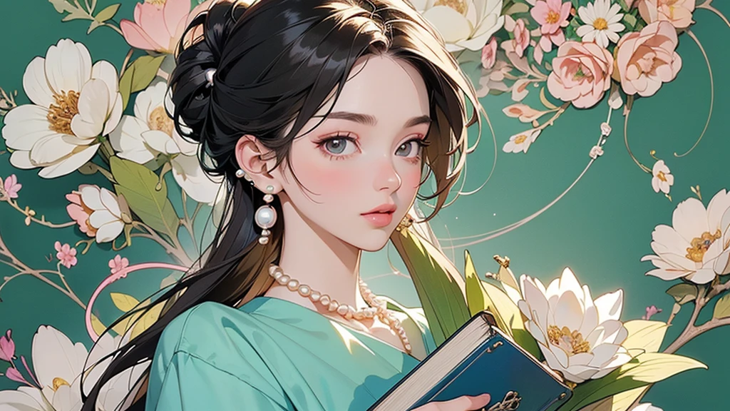 32K, 最高quality, 最高masterpiece, (ultra-Detailed Background, Detailed Background), High resolution, Super detailed, Very detailedな, 1 personの, (bouquet:1.3), (Tangled:1.2), (Geometric:1.2),(colorful),(masterpiece, quality, best quality, Official Art, Beautiful and beautiful:1.2), (1 person:1.3), Very detailed,(colorful:1.1)(Flowers:1.3),Most detailed,(Tangled:1.2), whole body, (Abstract background:1.3), (Skin glows), (Many colors:1.4), ,(Earrings Pearl:1.5), Light green background, It's imaginative., Brunette Hair, Updo, Holding a book, Holding a pen, Satin shirt