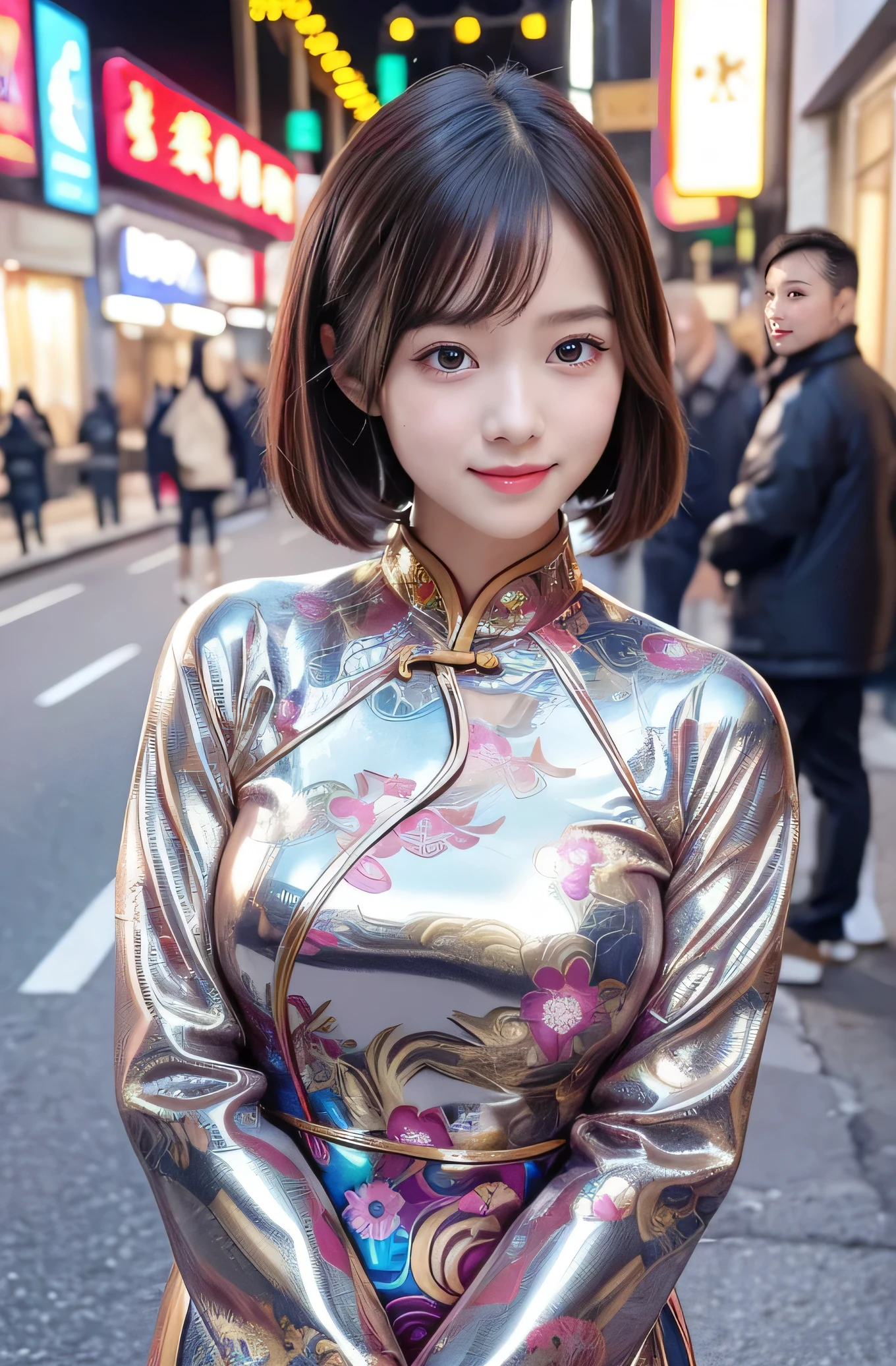 very cute girl, super cute face,clear attractive eyes, detailed Beautiful eyes,smiling,(realistic photograph), Super shiny metallic gorgeous vivid colored latex long sleeves cheongsam, flowers pattern design cheongsam,
Costume lighting,in the street
