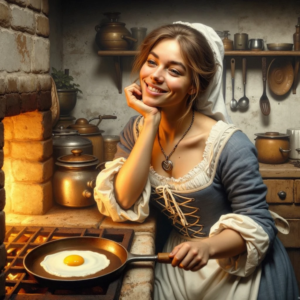 a beautiful medieval woman with a content expression on her face, cooking a fried egg in a mediocre Medieval Kitchen with a wood stove, in an insanely detailed and intricate, photo realistic oil on canvas painting style with cinematic lighting