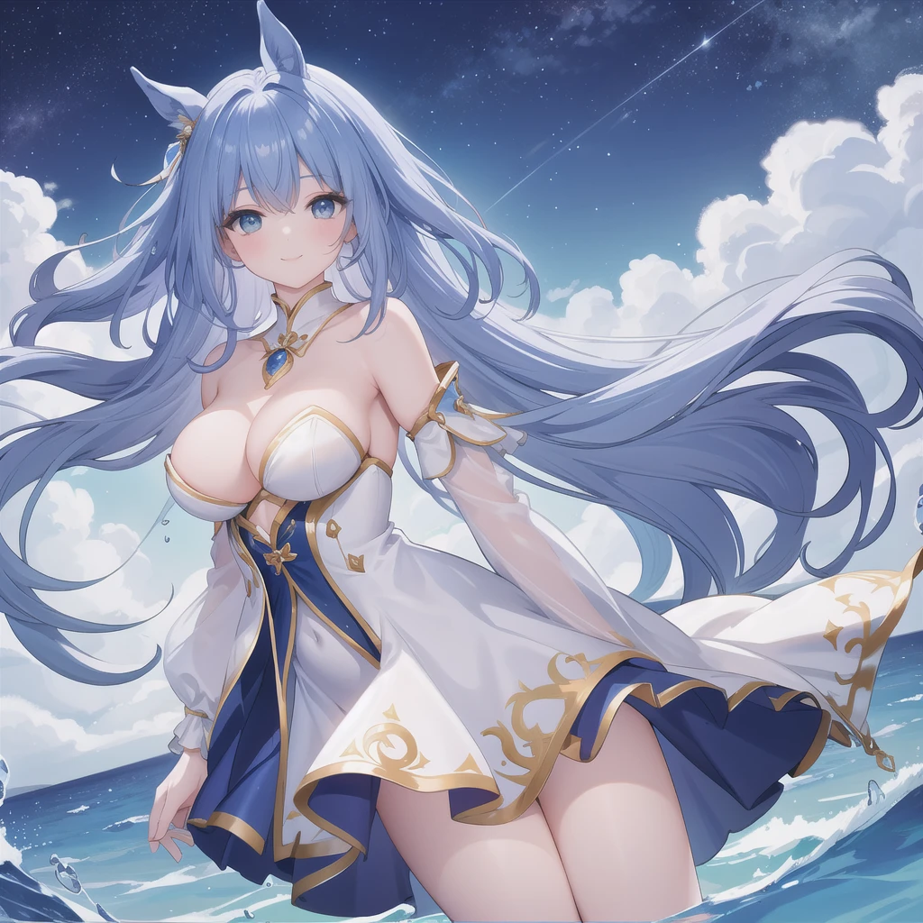 8k、Highest quality、masterpiece、solo、、Horse-eared adult beauty、、Beautiful breasts、Glamorous Body、Adult women、、Shoulder less、Blue knit、pantyhose、
、smile、Touching head with both arms、、Starry Sky、Strong winds、Center of chest