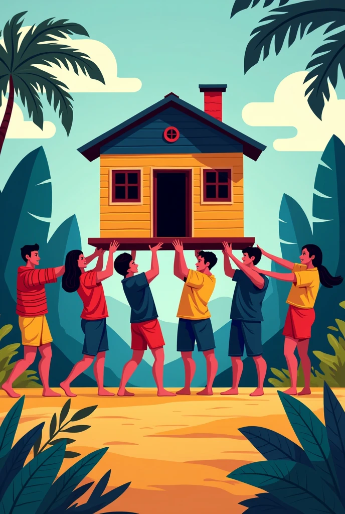 1. **Theme**: Depict the traditional Filipino value of community and cooperation, known as "Bayanihan," where neighbors help each other, often illustrated by a group carrying a house together.
2. **Elements**:
- **Line**: Use lines to create movement in your drawing, showing the dynamic action of people working together.
- **Color**: Incorporate vibrant colors that represent the Filipino culture, such as the colors of the Philippine flag (blue, red, yellow) and other bright hues found in traditional clothing.
- **Shape**: Utilize various shapes to represent the figures of the people, the house, and the environment.
3. **Principles**:
- **Balance**: Achieve balance by evenly distributing the figures and elements in the artwork, creating a harmonious composition.
- **Contrast**: Use contrast between the bright colors of the clothing and the more subdued colors of the environment to draw attention to the figures and emphasize the action.
Make it like animated and simple