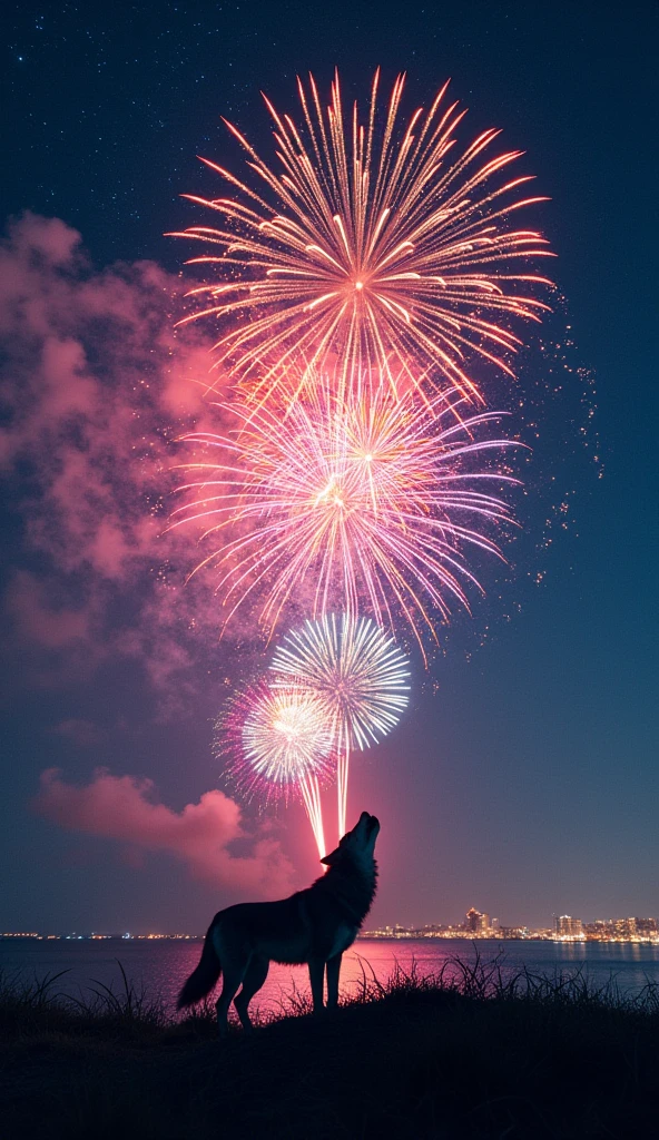 In the vast night sky，(Amazing fireworks:1.3)It&#39;s full of colorful lights，Blooms in an instant(beautiful photo:1.2)。Wolf、bark