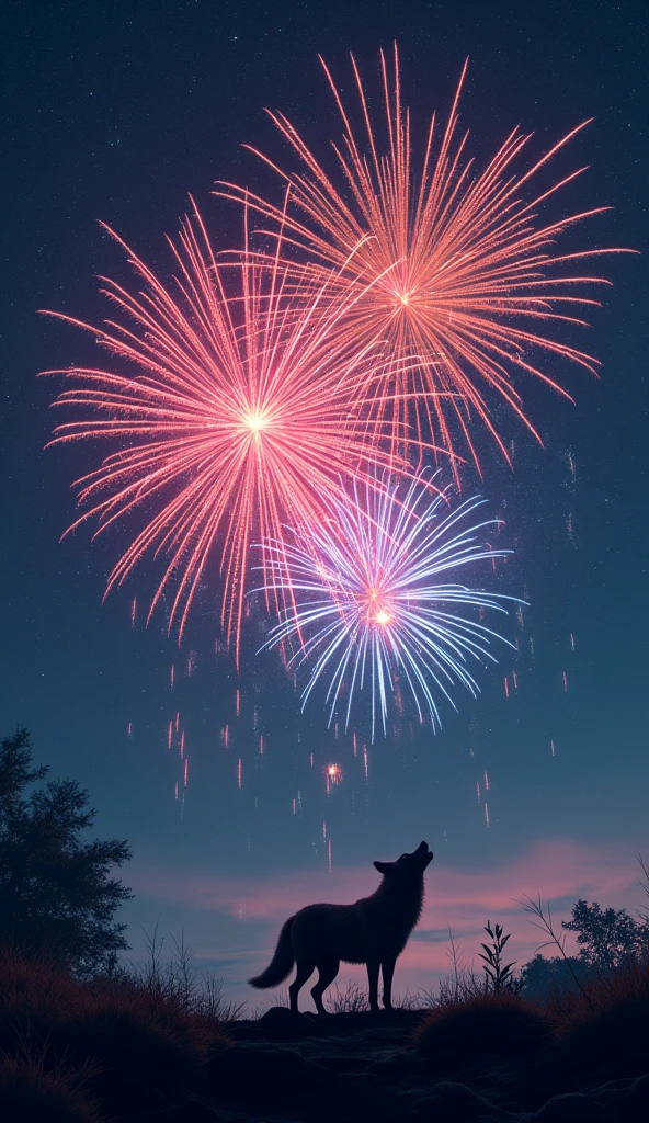 In the vast night sky,(Amazing fireworks:1.3)It's full of colorful lights,Blooms in an instant(beautiful photo:1.2)。Wolf、bark